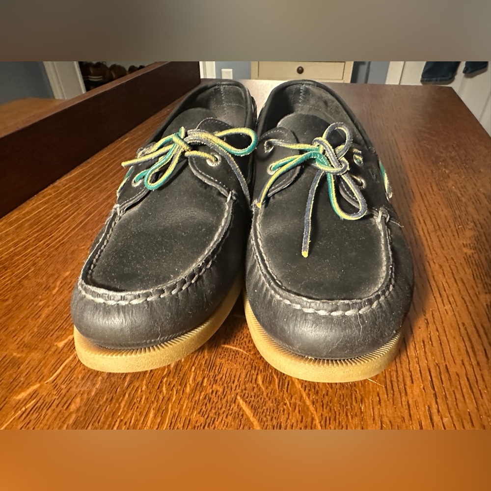 Sperry Topsider~Size 13~Navy Blue Leather~Green~Boat Shoe - Picture 4 of 8